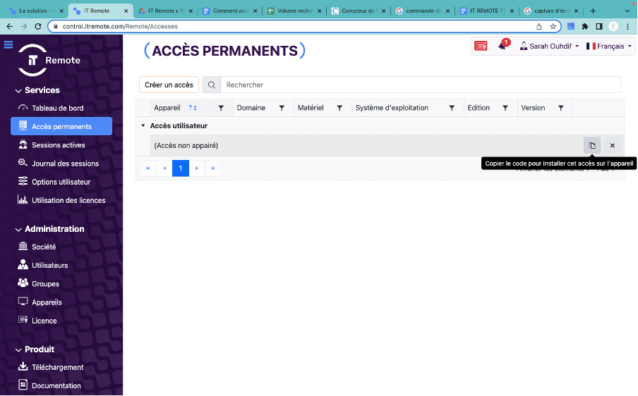 Onglet Accès permanents de la solution IT Remote